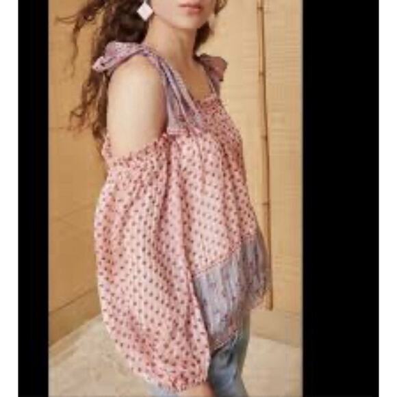 Ulla Johnson Clement Rose Silk Bow Shoulder Tie Off Shoulder Boho Blouse Size 4 - Picture 2 of 9